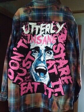 Upcycled Bleached Flannel Shirt W/ Custom AMERICAN PSYCHO MOVIE back Patch